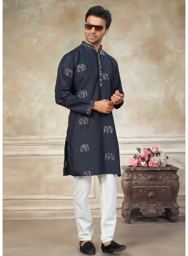 OUTLUK Navy Blue Embroidered Kurta for Men - Image 3